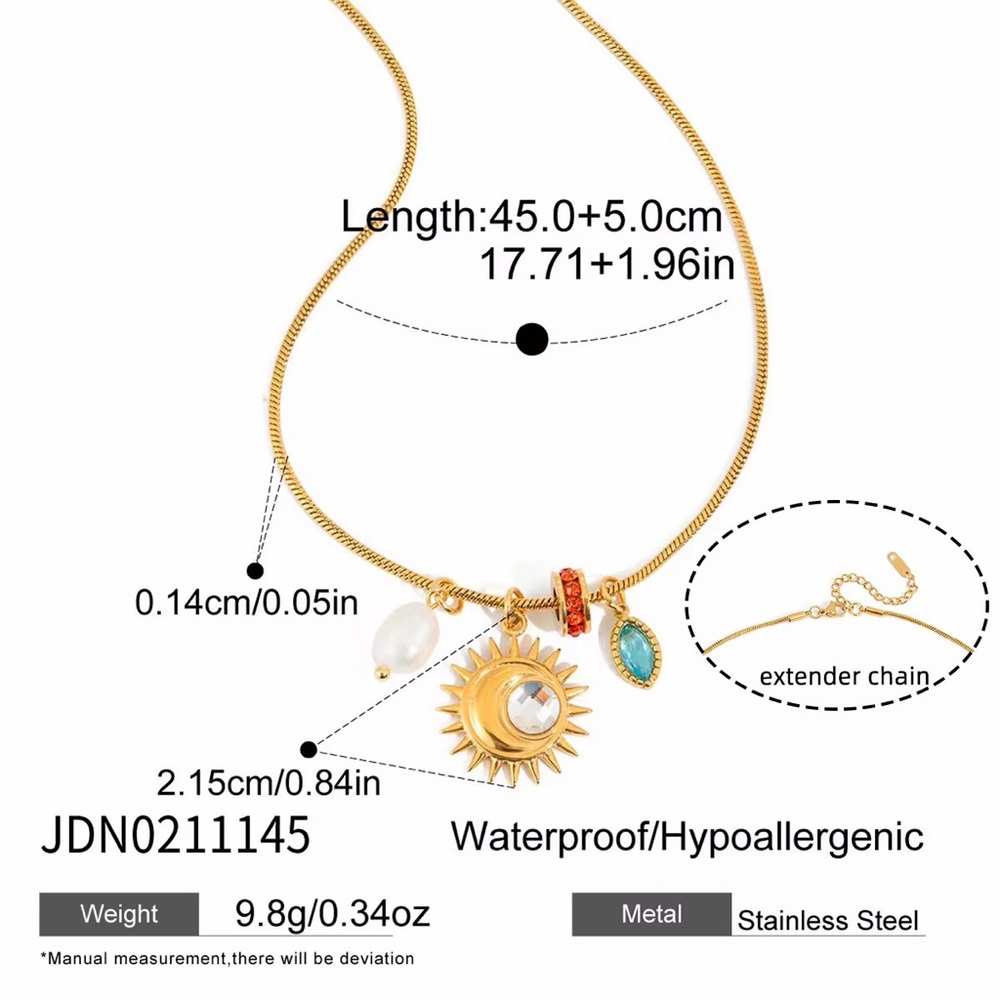 18K Gold Plated Sun Pearl and Gemstone Charms Nekclace - Picture 7 of 8